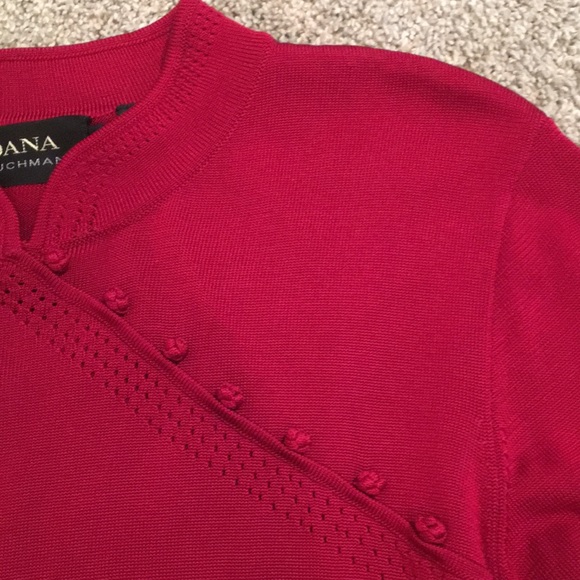 Dana Buchanan red silk sweater with mandarin collar and button knot detail. Sz L - Picture 4 of 6